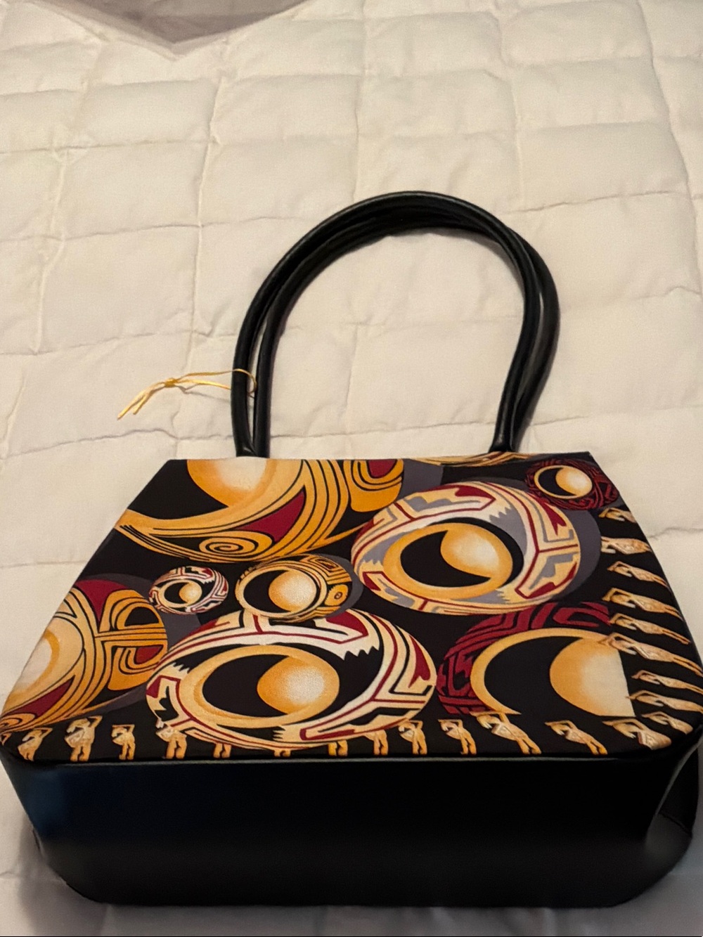 Pineda Covalin Black Silk Tote Bag with Gold and Burgundy Orb Pattern
